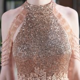 Summer Occassional Gold Sequin Mesh Patch Halter Evening Dress