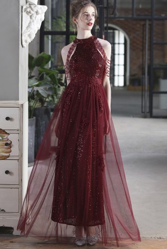 Summer Occassional Red Sequin Mesh Patch Halter Evening Dress