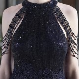 Summer Occassional Blue Sequin Mesh Patch Halter Evening Dress