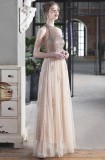 Summer Occassional Gold Sequin Mesh Patch Halter Evening Dress