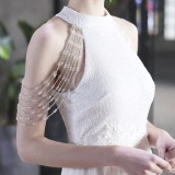 Summer Occassional White Sequin Mesh Patch Halter Evening Dress