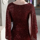 Autumn Formal Sequins Burgunry O-Neck Mermaid Evening Dress