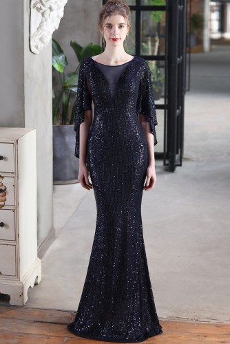 Autumn Formal Sequins Blue O-Neck Mermaid Evening Dress