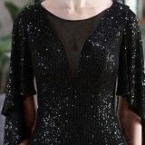 Autumn Formal Sequins Black O-Neck Mermaid Evening Dress