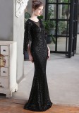 Autumn Formal Sequins Black O-Neck Mermaid Evening Dress