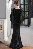 Autumn Formal Sequins Black O-Neck Mermaid Evening Dress