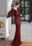 Autumn Formal Sequins Burgunry O-Neck Mermaid Evening Dress