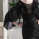 Autumn Formal Sequins Black O-Neck Mermaid Evening Dress