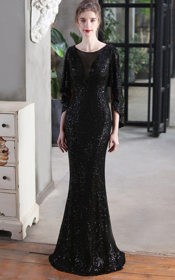 Autumn Formal Sequins Black O-Neck Mermaid Evening Dress