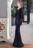 Autumn Formal Sequins Blue O-Neck Mermaid Evening Dress