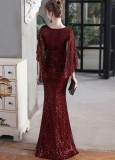 Autumn Formal Sequins Burgunry O-Neck Mermaid Evening Dress