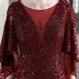 Autumn Formal Sequins Burgunry O-Neck Mermaid Evening Dress