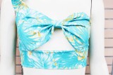Summer Print Green One Shoulder Crop Top and Long Skirt 2 Piece Sundress Set
