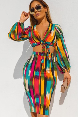 Autumn Multicolor Sexy V-Neck Crop Top and Pencil Skirt 2 Piece Set
