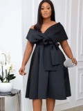 Summer Elegant Black V-neck Off Shoulder Formal Skater Dress