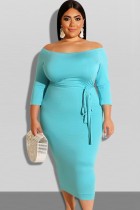 Autumn Blue Off Shoulder Long Sleeve Midi Dress with Belt Autumn Blue Off Shoulder Long Sleeve Midi Dress with Belt