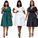 Summer Elegant White V-neck Off Shoulder Formal Skater Dress