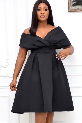 Summer Elegant Black V-neck Off Shoulder Formal Skater Dress
