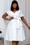 Summer Elegant White V-neck Off Shoulder Formal Skater Dress