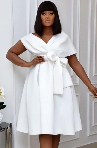 Summer Elegant White V-neck Off Shoulder Formal Skater Dress