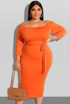 Autumn Orange Off Shoulder Long Sleeve Midi Dress with Belt Autumn Orange Off Shoulder Long Sleeve Midi Dress with Belt