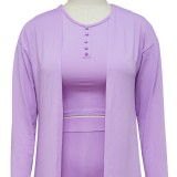 Autumn Casual Purple Long Rope with Button Crop Top and Pant 3 piece set