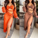 Autumn Sexy Bandeau Top and Irregular Long Skirt Set Brown