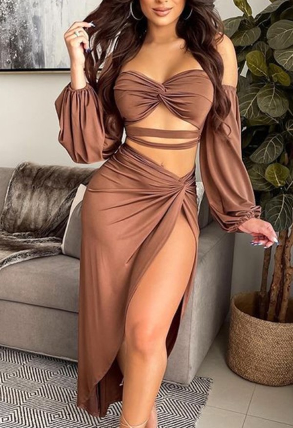Autumn Sexy Bandeau Top and Irregular Long Skirt Set Brown