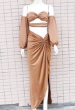 Autumn Sexy Bandeau Top and Irregular Long Skirt Set Brown