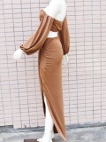 Autumn Sexy Bandeau Top and Irregular Long Skirt Set Brown