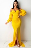 Autumn Formal Front Slit Strapless Mermaid Evening Dress Yellow