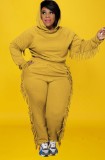 Autumn Plus Size Yellow Tassels Hoody Top and Pants Sweatsuit