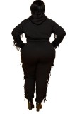 Autumn Plus Size Black Tassels Hoody Top and Pants Sweatsuit