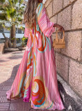 Autumn Print V-Neck Bat Sleeves Drawstrings Long Maxi Dress
