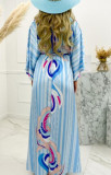 Autumn Print V-Neck Bat Sleeves Drawstrings Long Maxi Dress
