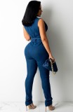 Summer Button Up Ripped Sleeveless Denim Jumpsuit with Belt