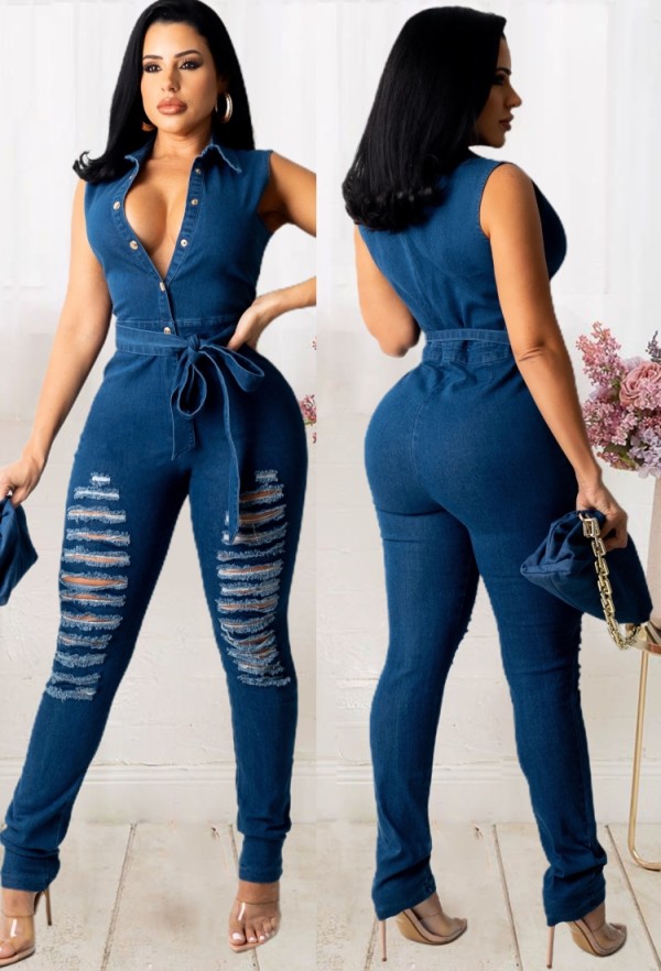 Summer Button Up Ripped Sleeveless Denim Jumpsuit with Belt