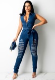Summer Button Up Ripped Sleeveless Denim Jumpsuit with Belt