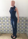 Summer Button Up Ripped Sleeveless Denim Jumpsuit with Belt
