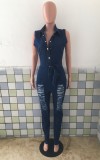 Summer Button Up Ripped Sleeveless Denim Jumpsuit with Belt