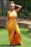 Summer Sexy Yellow Hollow out Slit Long Maxi Dress