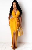 Summer Sexy Yellow Hollow out Slit Long Maxi Dress