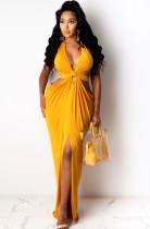 Summer Sexy Yellow Hollow out Slit Long Maxi Dress