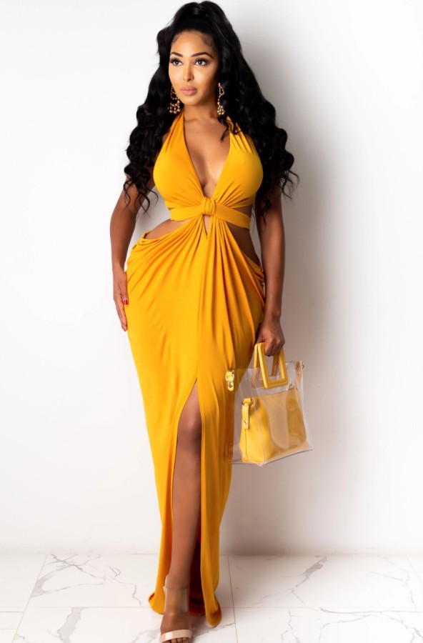 Summer Sexy Yellow Hollow out Slit Long Maxi Dress