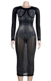Autumn Sexy White Beaded Long Sleeve See Through Club Dress