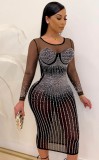 Autumn Sexy White Beaded Long Sleeve See Through Club Dress