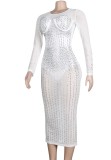 Autumn Sexy White Beaded Long Sleeve See Through Club Dress