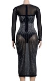 Autumn Sexy White Beaded Long Sleeve See Through Club Dress