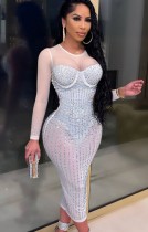 Autumn Sexy White Beaded Long Sleeve See Through Club Dress