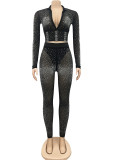 Summer Sexy Black Beaded Long Sleeve Crop Top and Pants Matching Set
